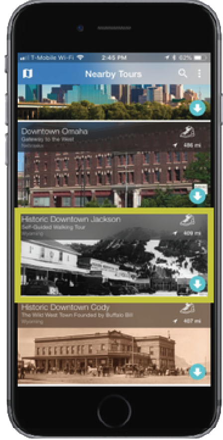 Screenshot of the app showing nearby tours list